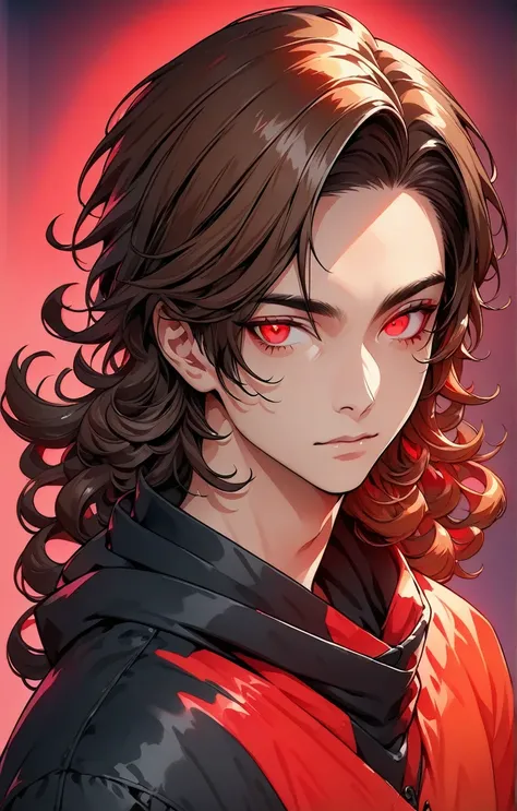 beautiful young anime boy curly brown hair, digital art portrait, with glowing skin, vibrant flat colors, and a gradient red background (best quality,4k,8k,highres,masterpiece:1.2) ultra-detailed,beautiful detailed red eyes,dramatic lighting,digital painti...