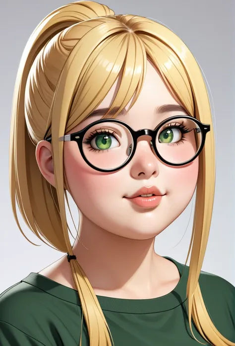 chubby girl, Blonde, with green eyes, medium length hair,ponytail,  open forehead, round facial features, glasses with black square frames 