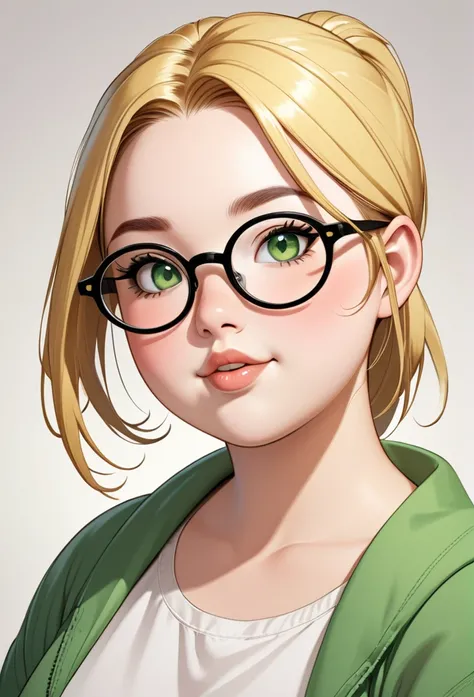 chubby girl, Blonde, with green eyes, medium length hair,ponytail,  open forehead, round facial features, glasses with black square frames 