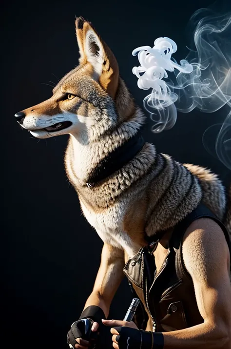 A coyote dressed in fashion that the coyote is cartoon, with a vape making smoke, with black background