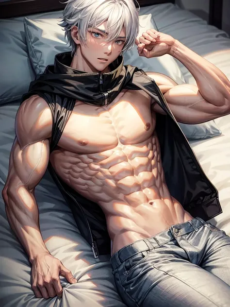 Anime guy about 16 without outerwear. Muscular with 6-pack abs and back. With white hair. Lying on the bed. 