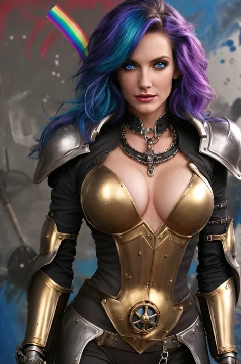 Pretty Woman, 25 ans, dans un mode fantaisiste, Dream, bionde, blue eye, paint explosion in the background, HD, masterclasse, masterpiece, gold and silver armor, Style Steampunk, rainbow hair