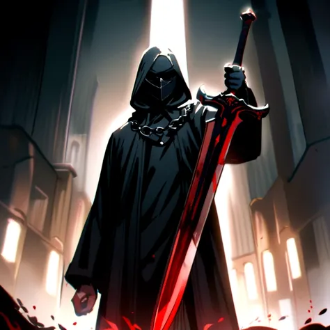 a man wearing a black robe and black mask holding a blood-stained sword