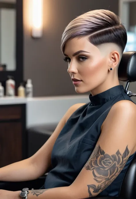 a stunning 30 year old woman with a super short bowl haircut with a medium fade undercut and a side shave sitting in a barberchair, photorealistic, hyperrealistic, 8k, uhd, high detail, masterpiece, film grain 