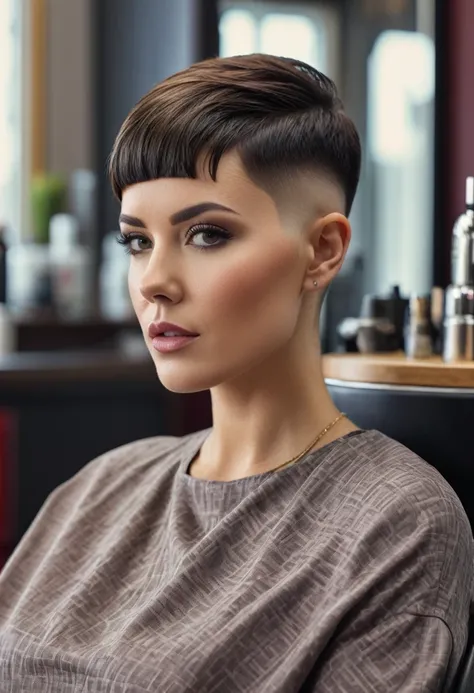 a stunning 30 year old woman with a super short bowl haircut with a medium fade undercut and a side shave sitting in a barberchair, photorealistic, hyperrealistic, 8k, uhd, high detail, masterpiece, film grain 