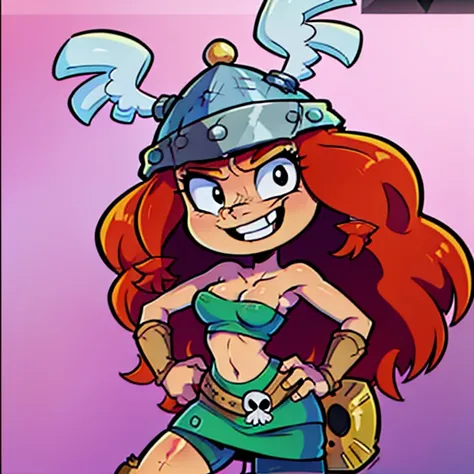 Barbara, long hair, red hair, helmet, skirt, tube top, curly hair, skull, black eyes, smile loose tooth 