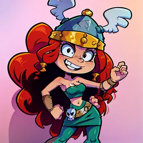 barbara, long hair, red hair, helmet, skirt, tube top, curly hair, skull, black eyes, smile loose tooth