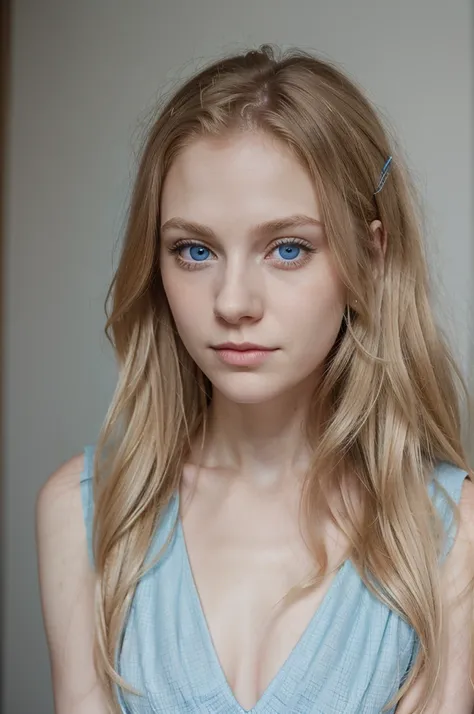 Photo portrait of a young woman, pale skin, big blue eyes, long wavy pale blonde hair, wearing a pink dress