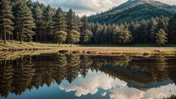 a landscape with a lake with reflections in the middle of a forest, day without sun, dark cloudy