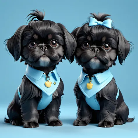 2 Adorable small black Shih Tzu puppies wearing light blue collars with messy hair Disney 3d cartoon, 3d render, disney pixar style 