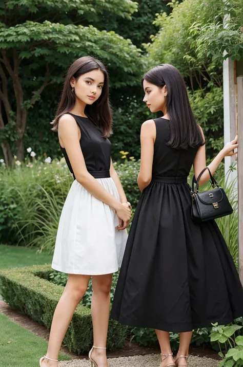 Black dress,Small hair, handbag, garden side, two girls
