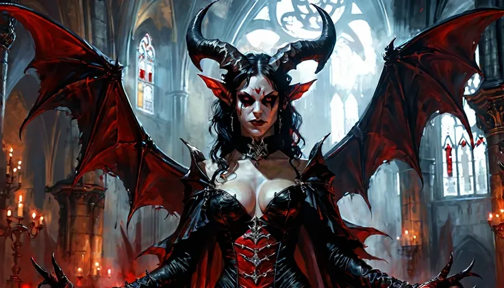 a painting of a holy succubus with horns, chiasmus, gloves, gothic mantle, vampire the masquerade bloodlines, incredible art, gloomy background, nimbus, church ragged vestments, darksketch, close-up