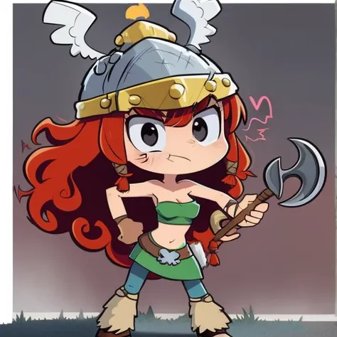 barbara, long hair, red hair, helmet, skirt, tube top, curly hair, skull, black eyes,