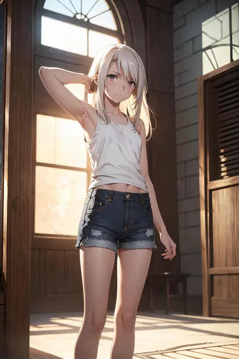 Browsing Caution　(Highest quality:1.5, High resolution, 超High resolution, 4K, Detailed lighting, Shaders)(masterpiece:1.2), Very detailed, destiny/Background of the stay, indoor, Illyasviel von Einzbern　alone, Cowboy Shot,Long Hair, Gray Hair, Red eyes, Wh...