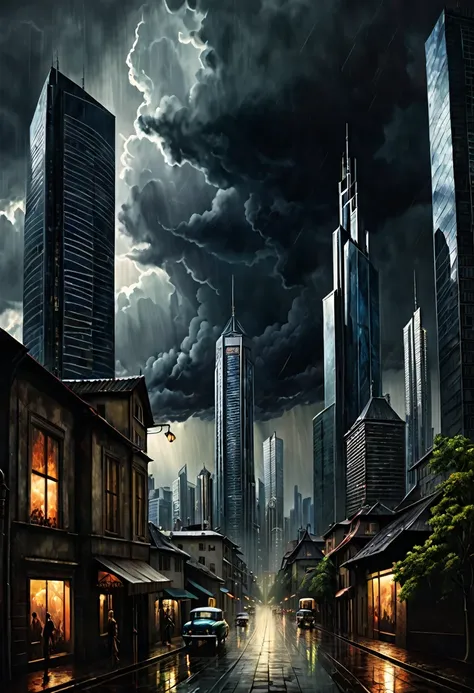 panoramic view of a city with skyscrapers, with a stormy cloudy sky, dark fantasy  style from the 70s, with intense german-style...