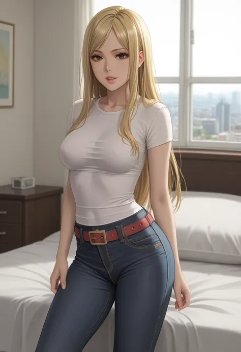 score_9_up, score_8_up, score_7_up, 1girl, solo, mature female,((Tsukumo Yuki)), ((blonde long hair)), brown eyes, pink lips, parted lips, fit slim body,(((perfect erected medium breast))) (((black tight top, tight jeans, belt))), (((highly detailed bedroo...