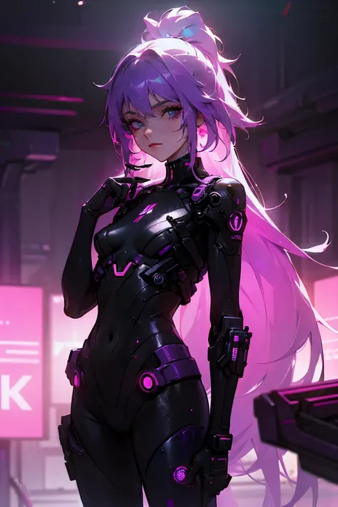 neon light details, intrincate, futuristic,beautiful girl,purple hair, best quality, high resolution, unity 8k wallpaper, beautiful cyberpunk beckground,small breast,fully covered,long hair,cool girl,undercover attire,perfect eyes