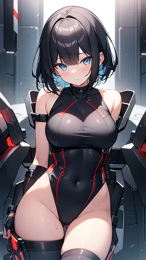 (Highly detailed CG Unity 32k wallpaper,masterpiece, Biological, whole body),(Best lighting, Best Shadow, Very delicate and beautiful),(One girl),blue eyes, Big Breasts, Black Hair,Bobcut,Red and black and White off-the-shoulder revealing high-cut SF bodys...