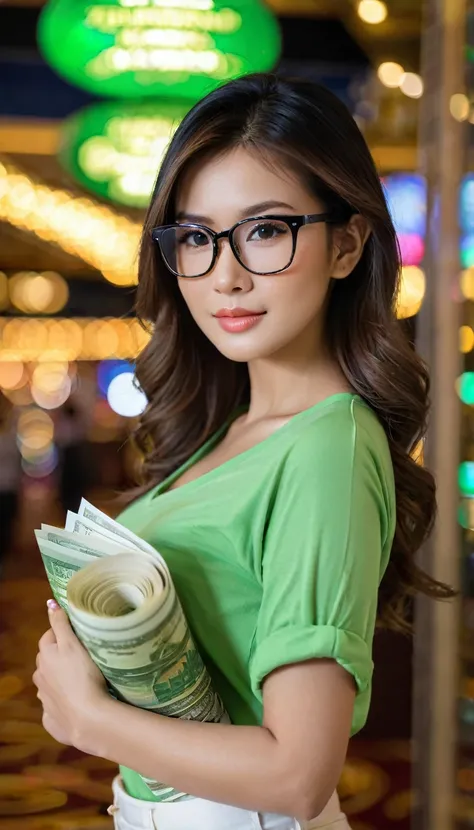 close-up of beautiful thailand female, 34 inch breasts size, wearing rolled sleeves t-shirt, glasses, holding paper of green money, at the casino entrance, bokeh background, UHD 