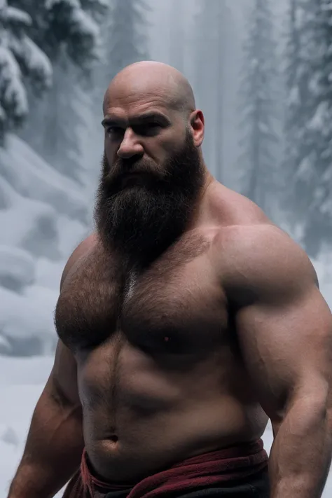 Hyperrealistic Very Realistic 8K Resolution Very Realistic Best Ultra High Definition resolution Very Realistic Photorealistic picture of a realistic bearded hairy Bald Kratos man in the snow, handsome stocky black, man with on, God of War Ragnarok Kratos,...