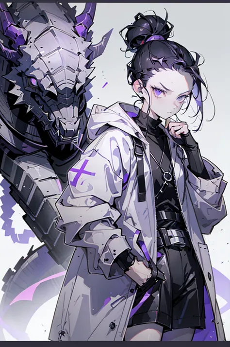 boy. thoughtful look. open forehead. black and purple hair tied in a bun on the left side to one side. sinuous black horns wrapped in dark purple ribbon. pale violet eyes. in short dark purple shorts. long white T-shirt. dark purple knee-high socks. dark p...