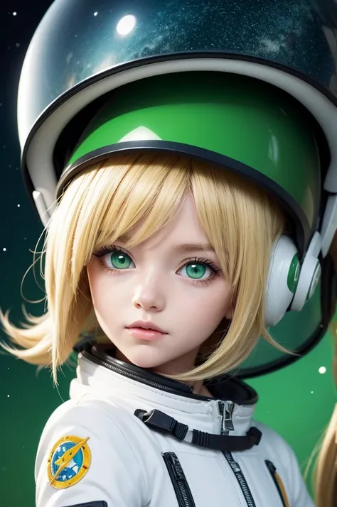 a blond character with green eyes and an astronaut outfit.cartoon style