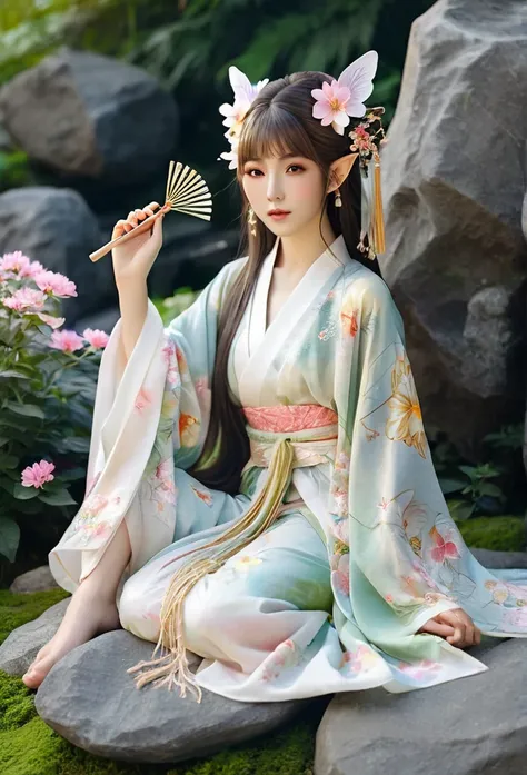 beautiful Japanese elf, (elf ears)perfect and angelic face, long hair, (decorated with flowers) fringe, full body, holding a fan, wearing a beautiful(short kimono)shes sitting on stone surrounded by sparkling flowers (high quality),(refined details)