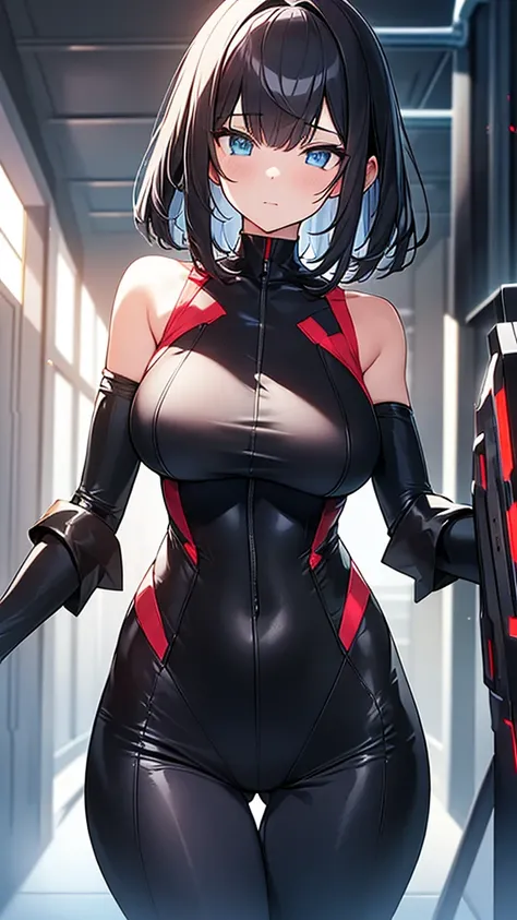 (Highly detailed CG Unity 32k wallpaper,masterpiece, Biological, whole body),(Best lighting, Best Shadow, Very delicate and beautiful),(One girl),blue eyes, Big Breasts, Black Hair,Bobcut,Red and black and White off-the-shoulder revealing high-cut SF bodys...