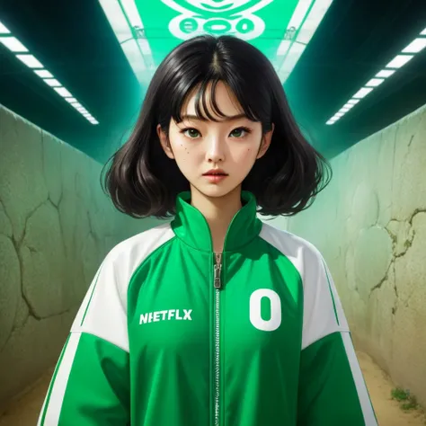 hoyeon jung,  korean woman, 1 woman wearing green and white jacket with the number 067 on the top left, netflix, squid game, kan...