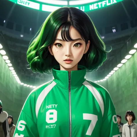 hoyeon jung,  korean woman, 1 woman wearing green and white jacket with the number 067 on the top left, netflix, squid game, kan...