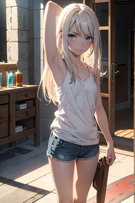 Browsing Caution　(Highest quality:1.5, High resolution, 超High resolution, 4K, Detailed lighting, Shaders)(masterpiece:1.2), Very detailed, destiny/Background of the stay, indoor, Illyasviel von Einzbern　Red colored eyes　alone, Cowboy Shot,Long Hair, Gray H...