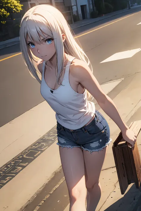 Browsing Caution　(Highest quality:1.5, High resolution, 超High resolution, 4K, Detailed lighting, Shaders)(masterpiece:1.2), Very detailed,  Illyasviel von Einzbern　Red colored eyes　alone, Cowboy Shot,Long Hair, Gray Hair, Red eyes, White tank top　Denim sho...