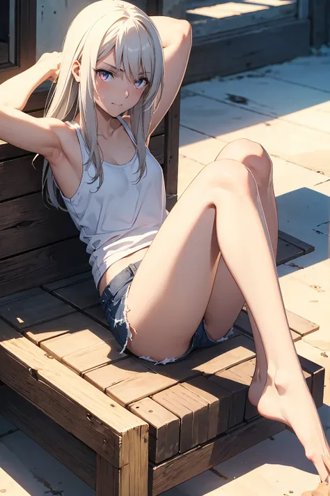 Browsing Caution　(Highest quality:1.5, High resolution, 超High resolution, 4K, Detailed lighting, Shaders)(masterpiece:1.2), Very detailed,  Illyasviel von Einzbern　Red colored eyes　alone, Cowboy Shot,Long Hair, Gray Hair, Red eyes, White tank top　Denim sho...