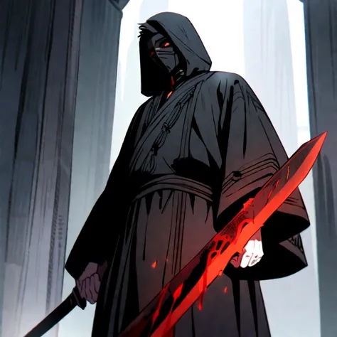 a man wearing a black robe and black mask holding a blood-stained sword