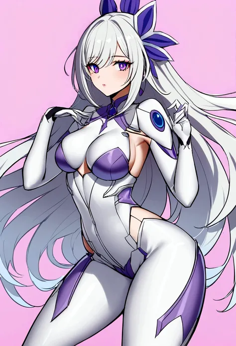 Genera una imagen de una waifu de anime con un giro futurista y una dosis de sensualidad. Its body is a perfect blend of aerodynamic lines and seductive curves, encapsulating the aesthetics of an advanced world in technology and design. Her face combines a...