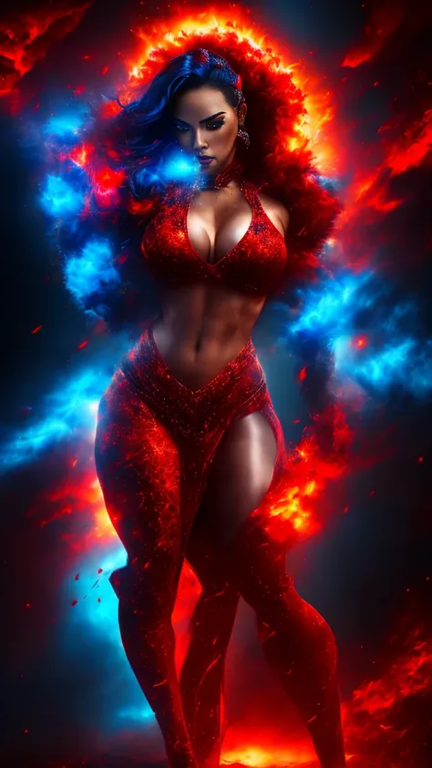 magic, Adult Latina model Daisy Marie, she is a fire elemental her body completely composed of Red and blue fire. flames dance around her body threatening to burn anybody that gets too close.