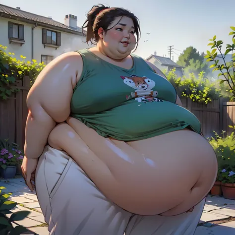 (masterpiece, detailed, realistic:1.2), high aesthetic, asian woman, USSBBW, (morbidly obese, fatblob:1.5), detailed, beautiful face, high ponytail, grey sweatpants, grey tanktop, streched clothes, garden, sultry expression, standing,