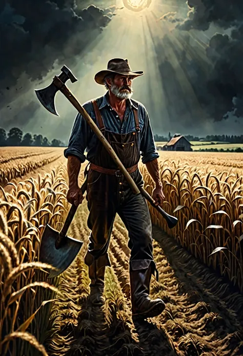 a farmer in his 35s holding an axe walking through the field, dark fantasy  style from the 70s, with intense german-style romant...