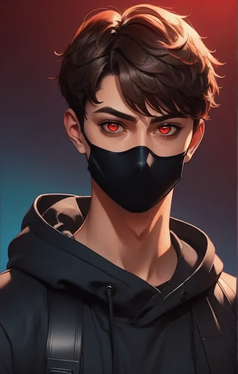 beautiful young anime man short brown hair, black mouth masked, black urban clothes, digital art portrait, with glowing skin, vibrant flat colors, and a gradient red background (best quality,4k,8k,highres,masterpiece:1.2) ultra-detailed,beautiful detailed ...