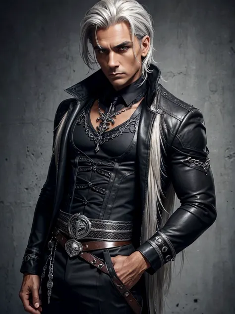 (best quality), 1boy, mature man, 34 years old, tanned skin, silver hair, medium hair, hair loosely combed back, brown eyes, perfect eyes, muscular, handsome, small waist, strong jawline, cold expression, (gothic clothes), fully clothed, clean face, master...