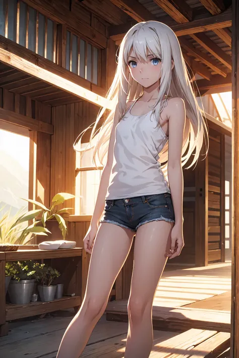 Browsing Caution　(Highest quality:1.5, High resolution, 超High resolution, 4K, Detailed lighting, Shaders)(masterpiece:1.2), Very detailed, Illyasviel von Einzbern　{{Red colored eyes}}++　alone, Cowboy Shot,Long Hair, Gray Hair, Red eyes, A small white tank ...