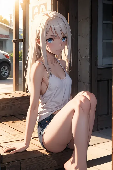 Browsing Caution　(Highest quality:1.5, High resolution, 超High resolution, 4K, Detailed lighting, Shaders)(masterpiece:1.2), Very detailed, Illyasviel von Einzbern　{{Red colored eyes}}++　alone, Cowboy Shot,Long Hair, Gray Hair, Red eyes, A small white tank ...