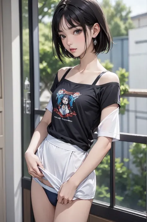 ((masterpiece, best quality)),((high resolution:1.3)), 1 Girl, solo, Cowboy Shot, Blurred Background, (((Small breasts))), Thighs, (underwear), ((T-Shirts)), Off shoulder, short hair