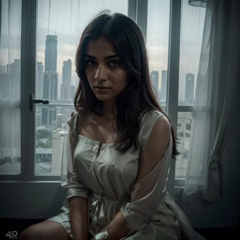 A stunning Indian woman sitting in the window of an apartment in Dubai on a dark night, waiting for her lover to return, looking sad and pensive, highly detailed portrait, photorealistic, cinematic lighting, dramatic colors, chiaroscuro, (best quality,4k,8...