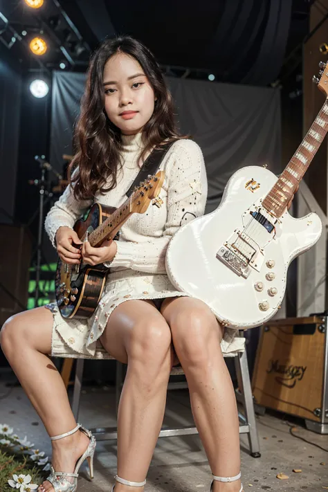 masterpiece, best quality, ultra detailed, high resolution, 1 girl, ((pretty lady MoonLay)), Burmese girl, ((pretty lady MoonLays seductive sweet face with sweet smile:1.2)), ((playing guitar:1.5)), ((singing with confident)), ((electric guitar)), ((stage ...