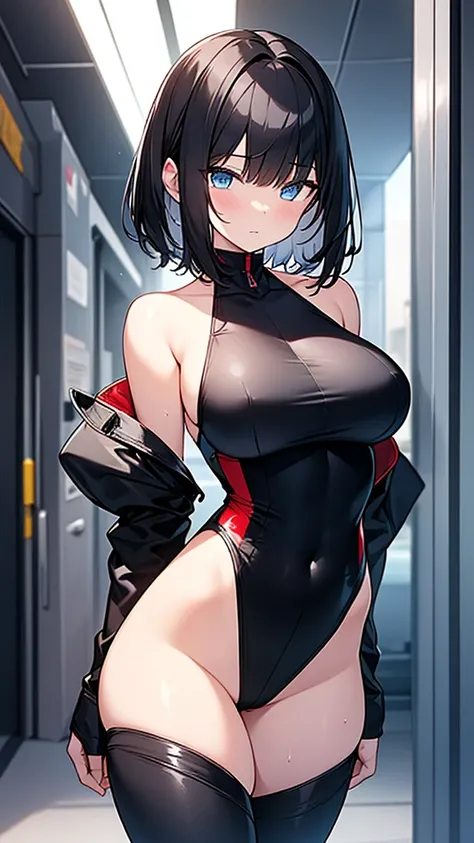 (Highly detailed CG Unity 32k wallpaper,masterpiece, Biological, whole body),(Best lighting, Best Shadow, Very delicate and beautiful),(One girl),blue eyes, Big Breasts, Black Hair,Bobcut,Red and black and White off-the-shoulder revealing high-cut SF bodys...