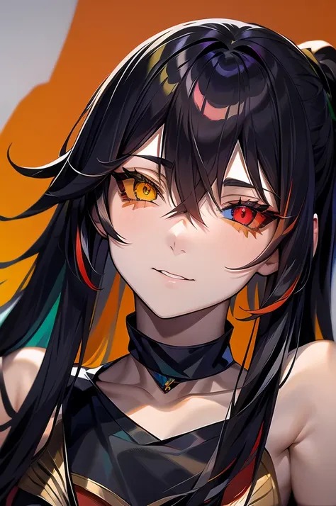 female, anime, heterochromia, melinoë from hades ii, black long hair, ponytail, greek style toga, "red eye on black sclera", sma...