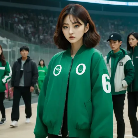 Hoyeon Jung wearing green jacket, make sure the number (067) appears on the jacket, netflix, squid game, Kang Sae-byeok, in stone arena, front view