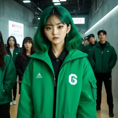 Hoyeon Jung wearing green jacket, make sure the number (067) appears on the jacket, netflix, squid game, Kang Sae-byeok, in stone arena, front view