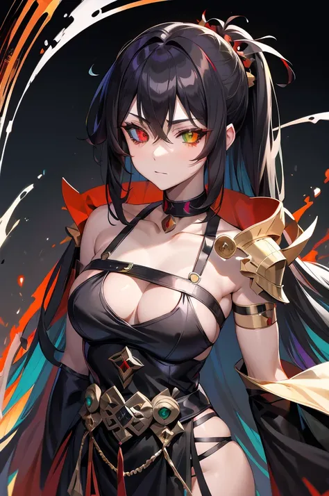 Female, Anime, Heterochromia, Melinoë from Hades II, black long hair, ponytail, greek style toga, "red eye on black sclera", small bust size, "green eye on white sclera",